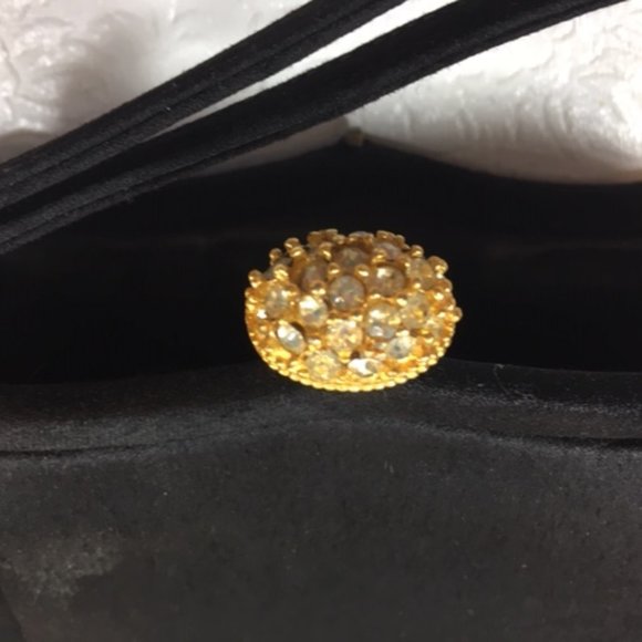 Vtg MM Morris Moskowitz Black Satin Evening Gold Rhinestone Fancy Clasp Purse - Picture 6 of 10